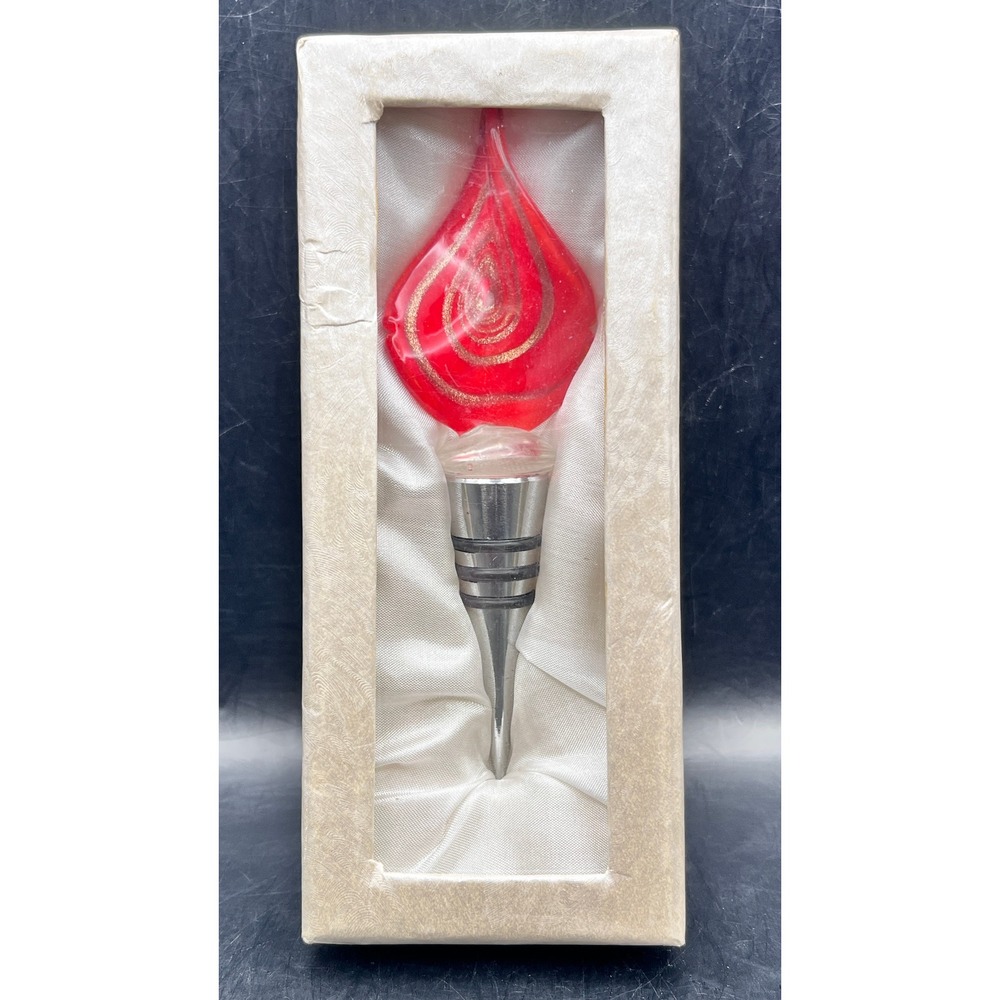 Vtg Red Hand Blown Art Glass Flame Wine Bottle Stopper Teardrop Torch 5.5" Box